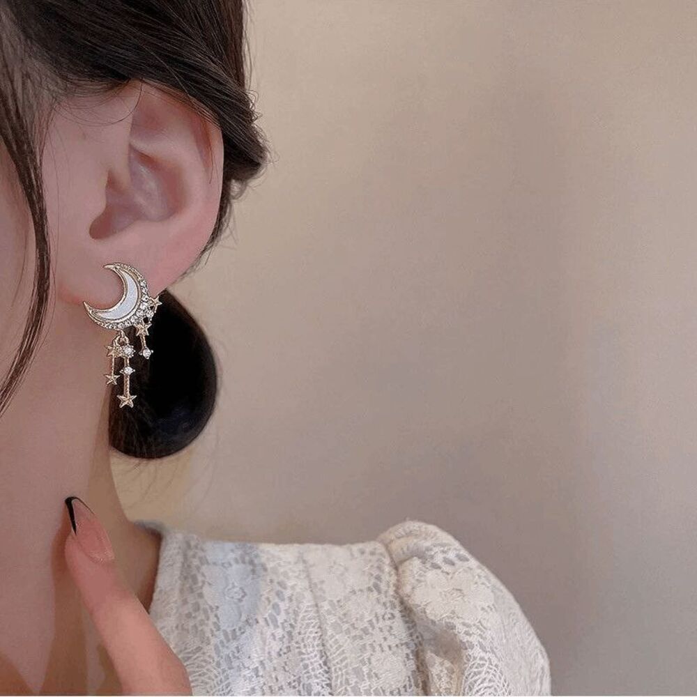 Moon Star Gold Diamond Dangle Earrings